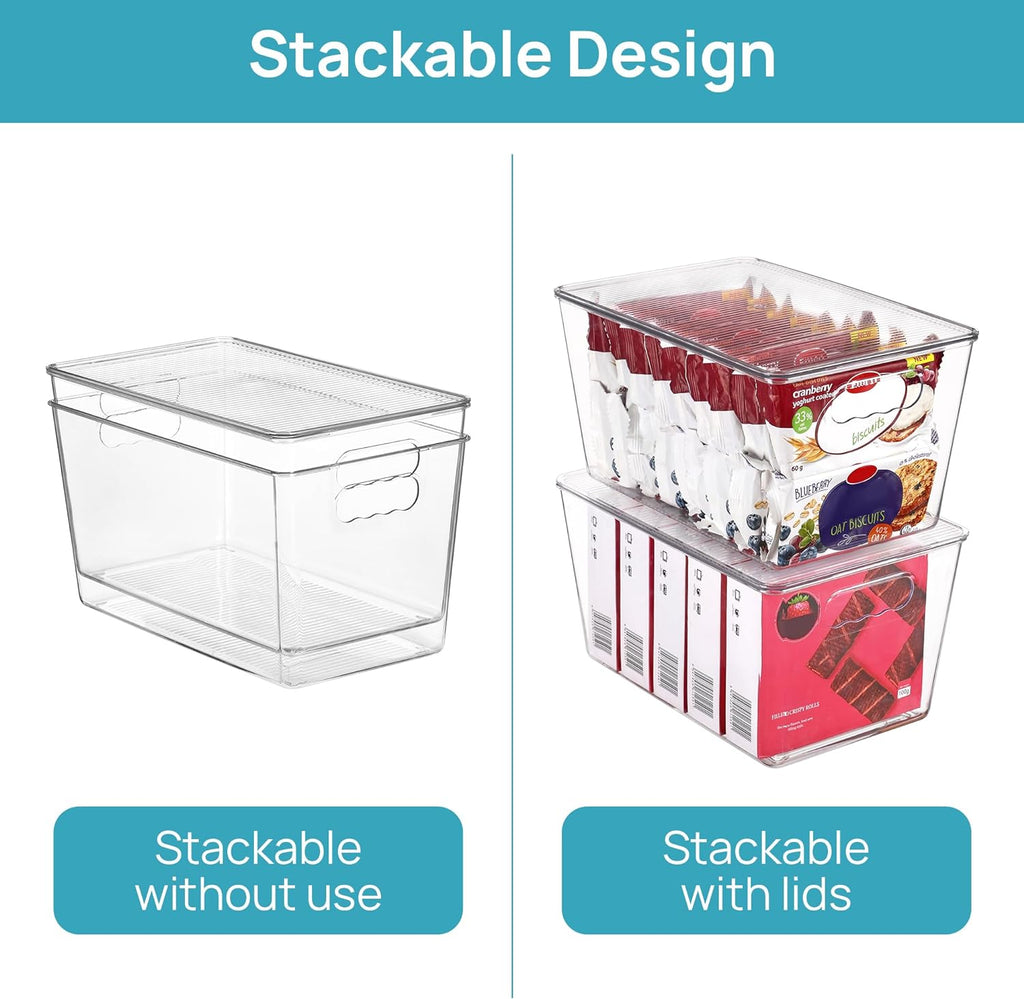 6-Pack Clear Stackable Storage Bins with Lids - Large Plastic Containers with Handles for Pantry, Bathroom, Kitchen, Fridge, and Closet Organization