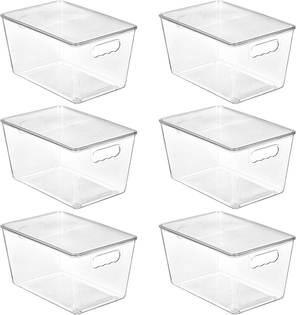 6-Pack Clear Stackable Storage Bins with Lids - Large Plastic Containers with Handles for Pantry, Bathroom, Kitchen, Fridge, and Closet Organization