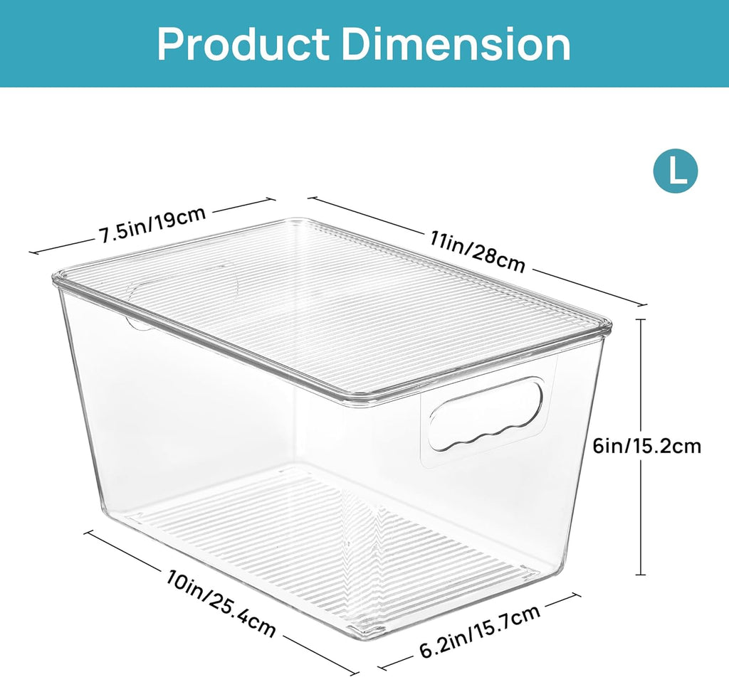 6-Pack Clear Stackable Storage Bins with Lids - Large Plastic Containers with Handles for Pantry, Bathroom, Kitchen, Fridge, and Closet Organization