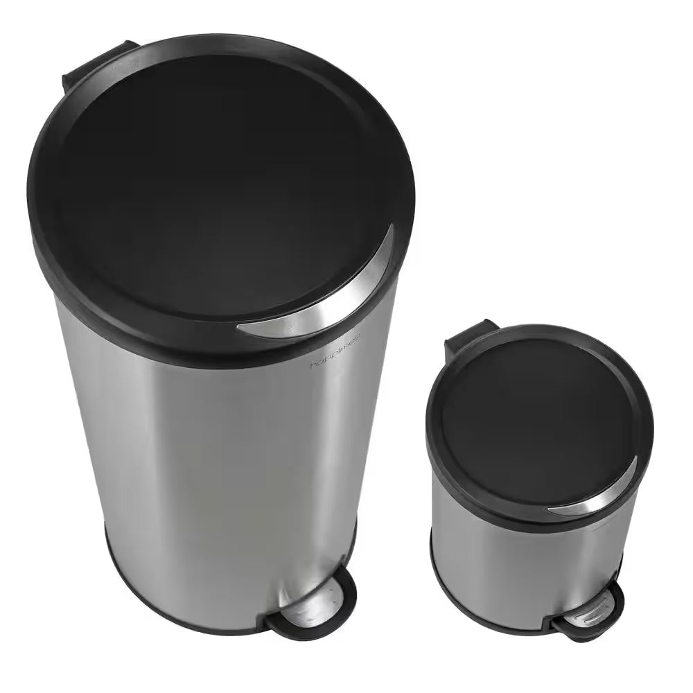 Oscar round 8 Gal. Step-Open Stainless Steel Trash Can with Free Mini Trash Can Black