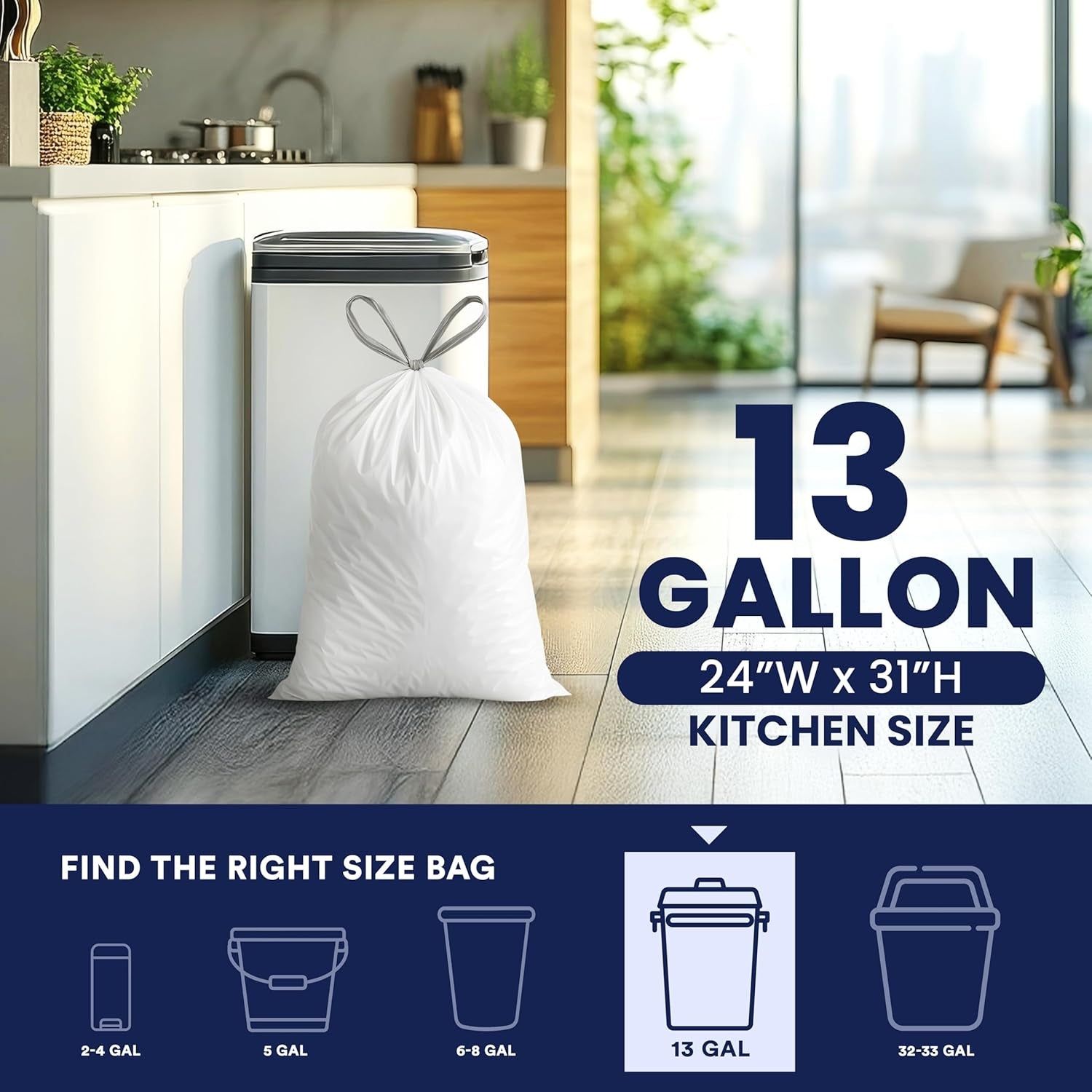 13 Gallon Trash Bags │ 1.2 Mil │ White Extra-Large Drawstring Garbage Can Liners │ 24" X 31" (50 Case)
