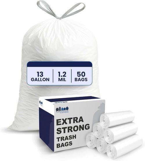 13 Gallon Trash Bags │ 1.2 Mil │ White Extra-Large Drawstring Garbage Can Liners │ 24" X 31" (50 Case)