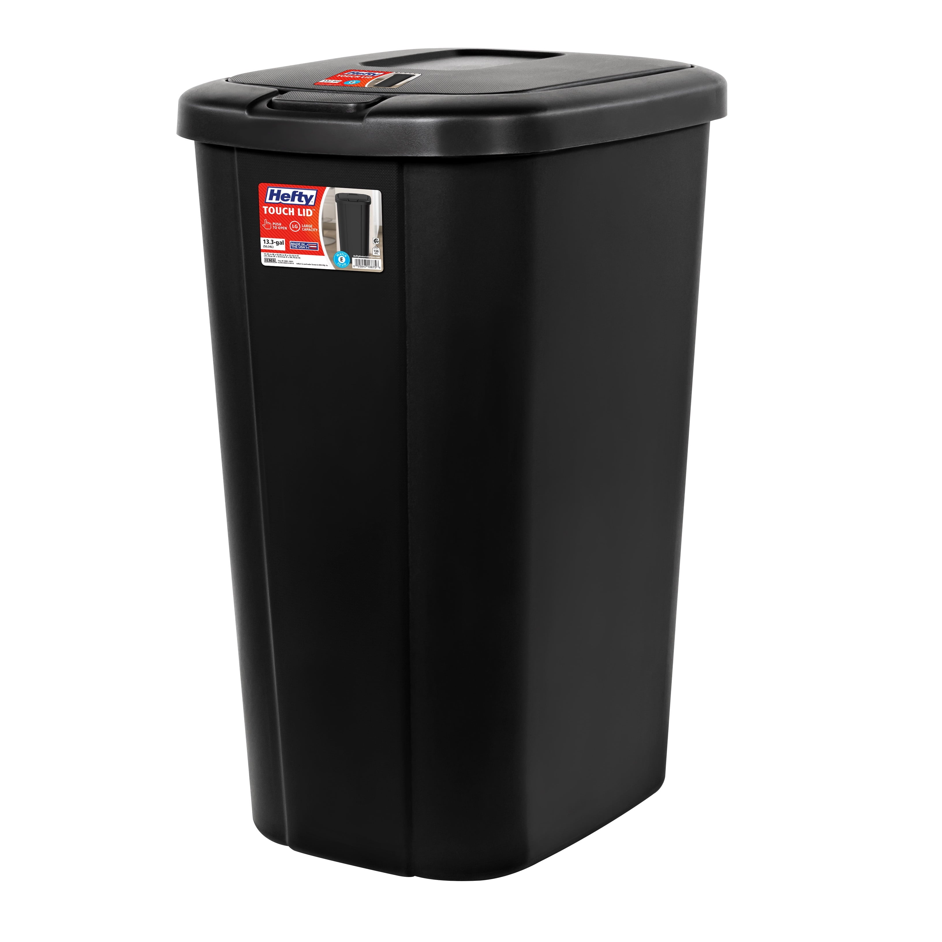 Kitchen Trash Can, 13.3 Gallon Plastic Touch Top Garbage Bin with Push Button Lid, Black