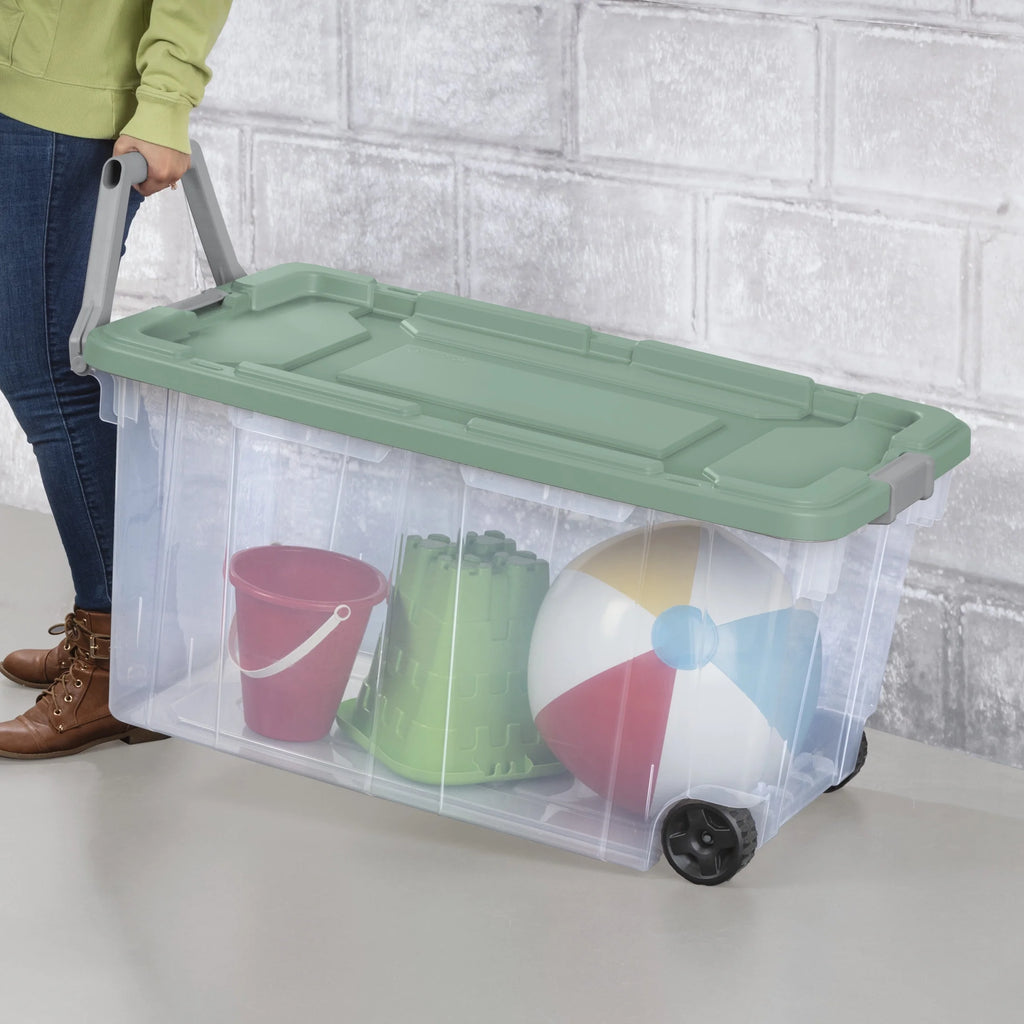 Extra-Large Wheeled Rugged Storage Bin, 160 Quart Durable Clear Storage Container with Latching Lid and Pull Handle, Green, 2 Pack