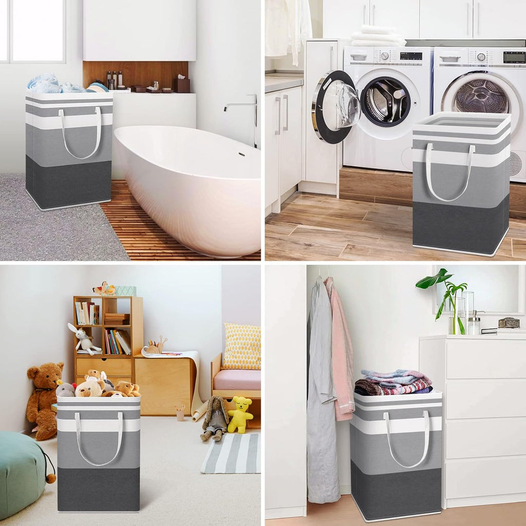 2 Pack Large Laundry Baskets, Waterproof, Freestanding Laundry Hampers, Collapsible Clothes Hamper with Reinforced Handles in Laundry Room, College Dorm, Bathroom, Bedroom (Grey, 75Lx2)