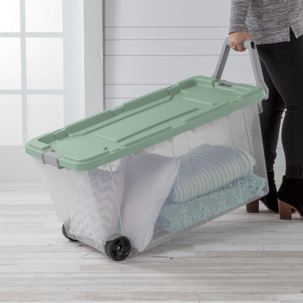 Extra-Large Wheeled Rugged Storage Bin, 160 Quart Durable Clear Storage Container with Latching Lid and Pull Handle, Green, 2 Pack