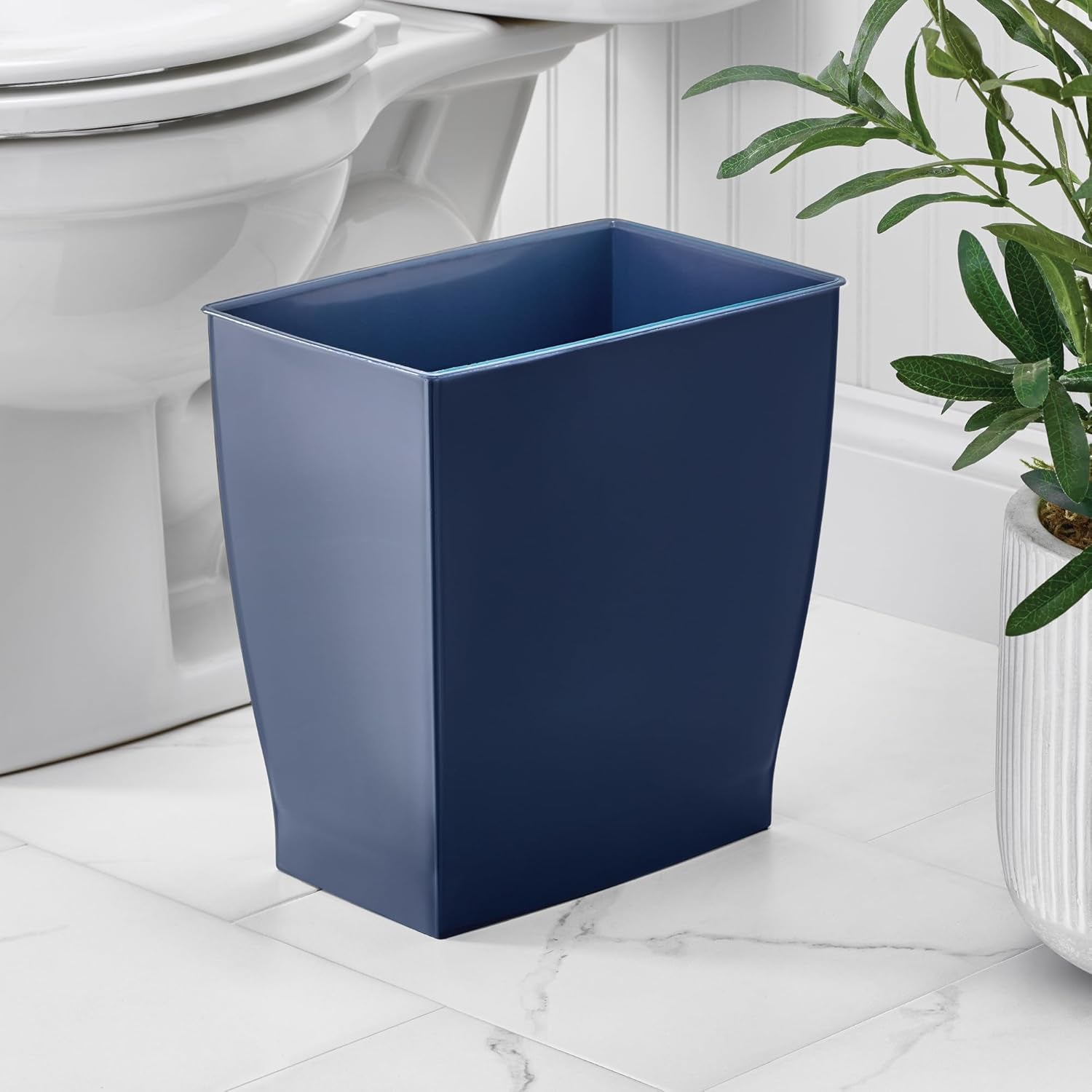 Small Plastic Bathroom Trash Can, Slim Rectangle Garbage Bin for Bedroom, Office, Dorm, Navy Blue