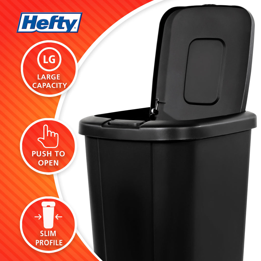 Kitchen Trash Can, 13.3 Gallon Plastic Touch Top Garbage Bin with Push Button Lid, Black