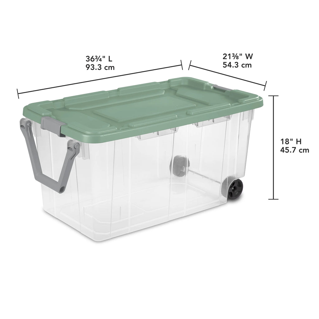 Extra-Large Wheeled Rugged Storage Bin, 160 Quart Durable Clear Storage Container with Latching Lid and Pull Handle, Green, 2 Pack