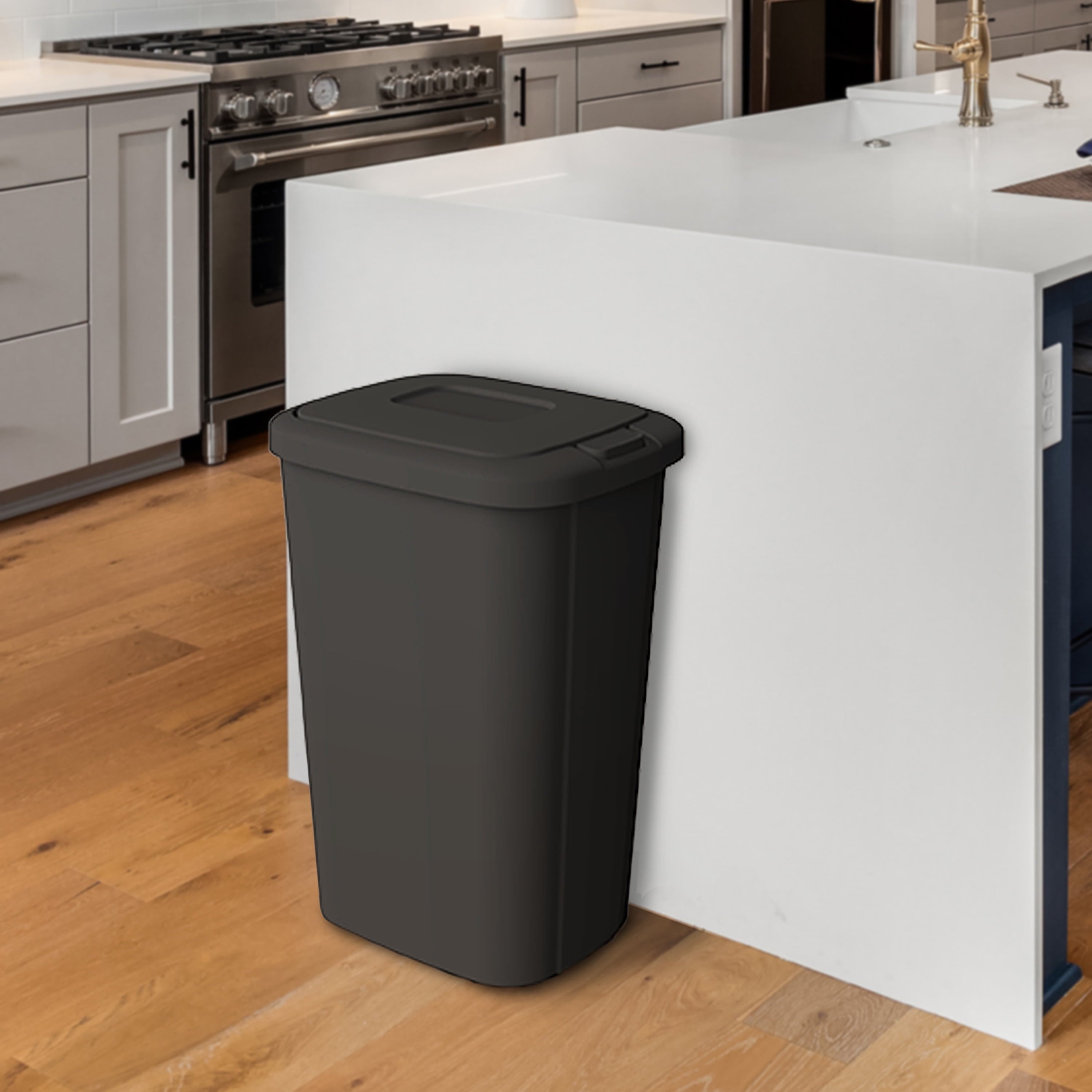 Kitchen Trash Can, 13.3 Gallon Plastic Touch Top Garbage Bin with Push Button Lid, Black
