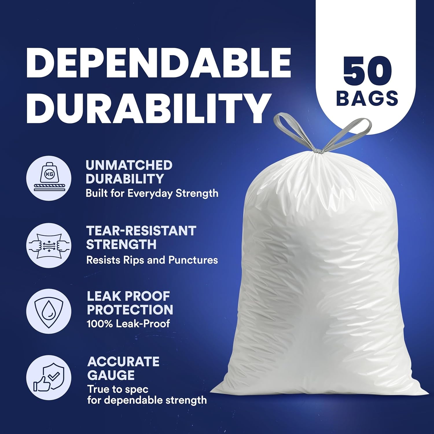 13 Gallon Trash Bags │ 1.2 Mil │ White Extra-Large Drawstring Garbage Can Liners │ 24" X 31" (50 Case)