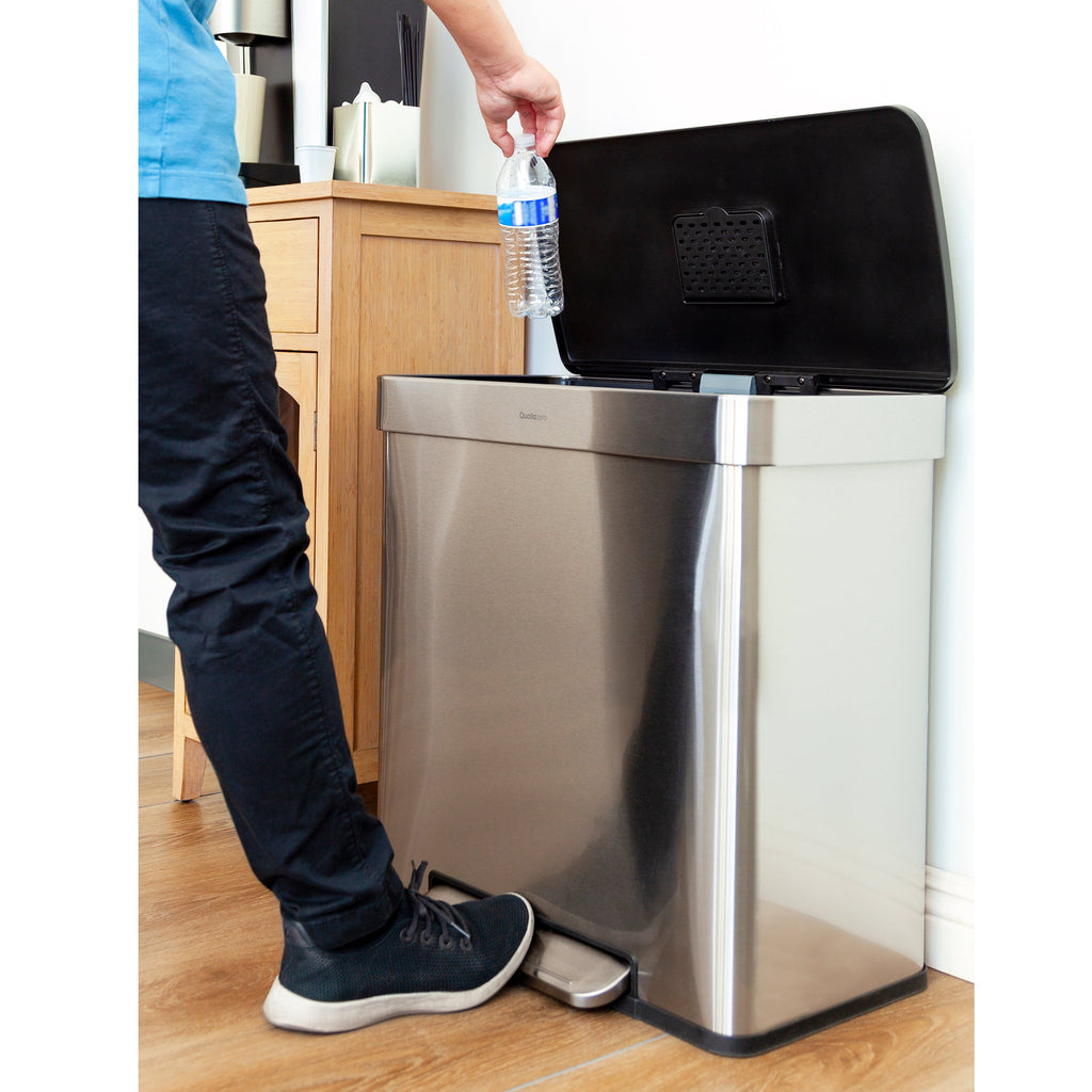 Kitchen Trash Can, 16 Gallon Stainless Steel Step Dual Compartment Reclcying Garbage Bin with Soft Close Lid, Silver