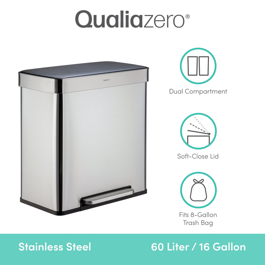 Kitchen Trash Can, 16 Gallon Stainless Steel Step Dual Compartment Reclcying Garbage Bin with Soft Close Lid, Silver