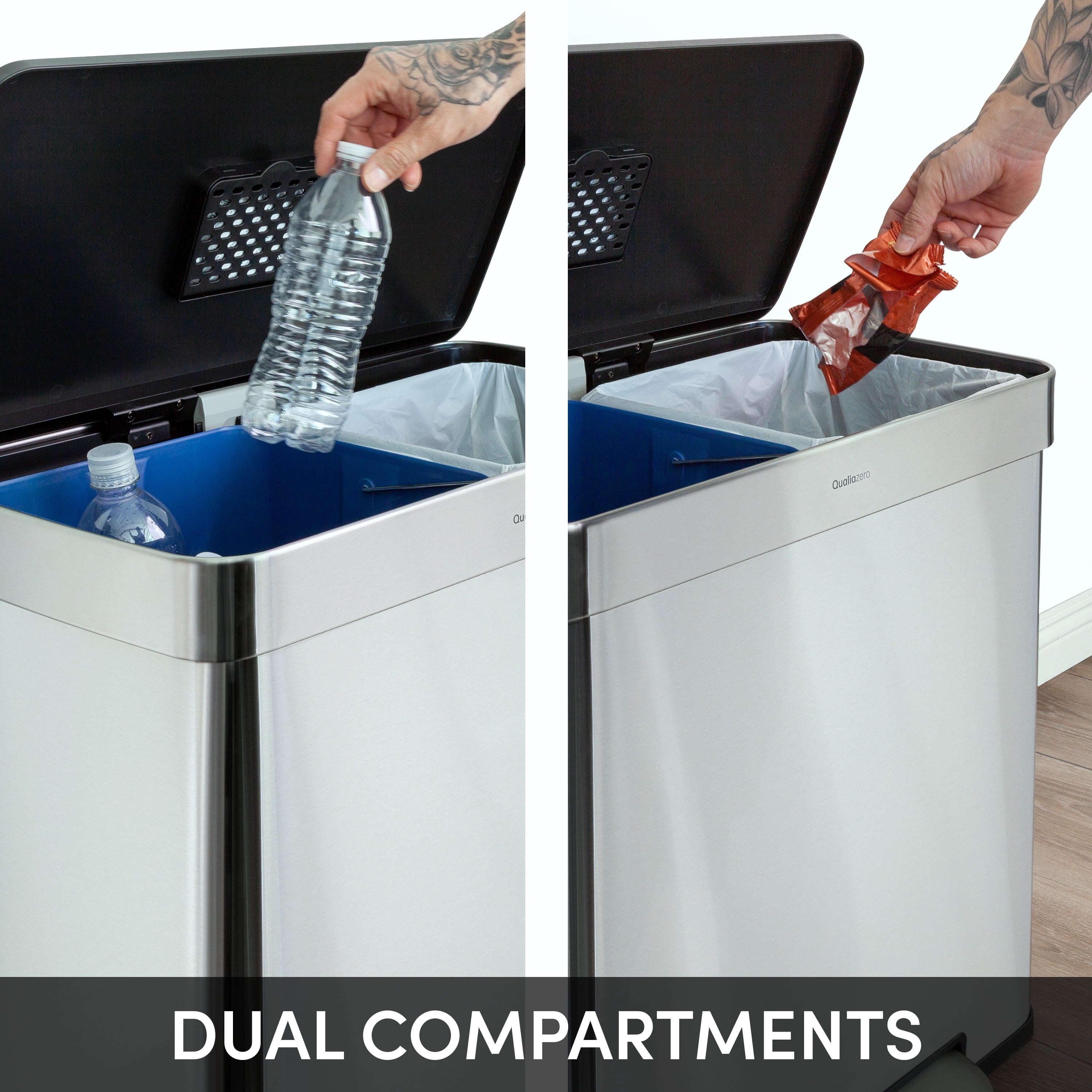 Kitchen Trash Can, 16 Gallon Stainless Steel Step Dual Compartment Reclcying Garbage Bin with Soft Close Lid, Silver