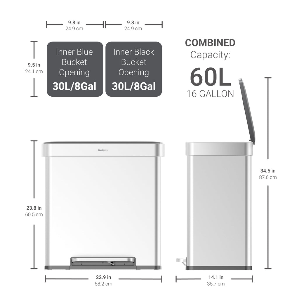 Kitchen Trash Can, 16 Gallon Stainless Steel Step Dual Compartment Reclcying Garbage Bin with Soft Close Lid, Silver