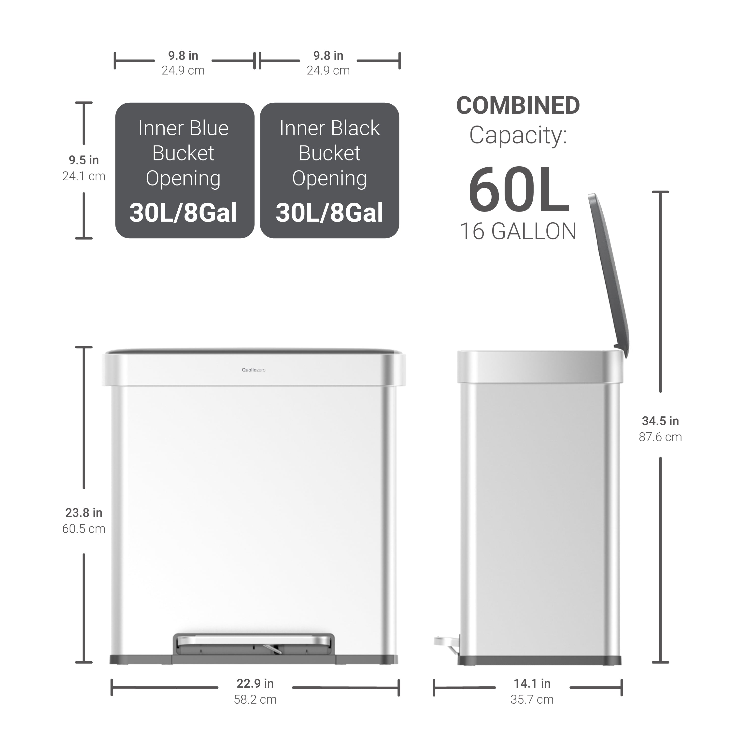 Kitchen Trash Can, 16 Gallon Stainless Steel Step Dual Compartment Reclcying Garbage Bin with Soft Close Lid, Silver