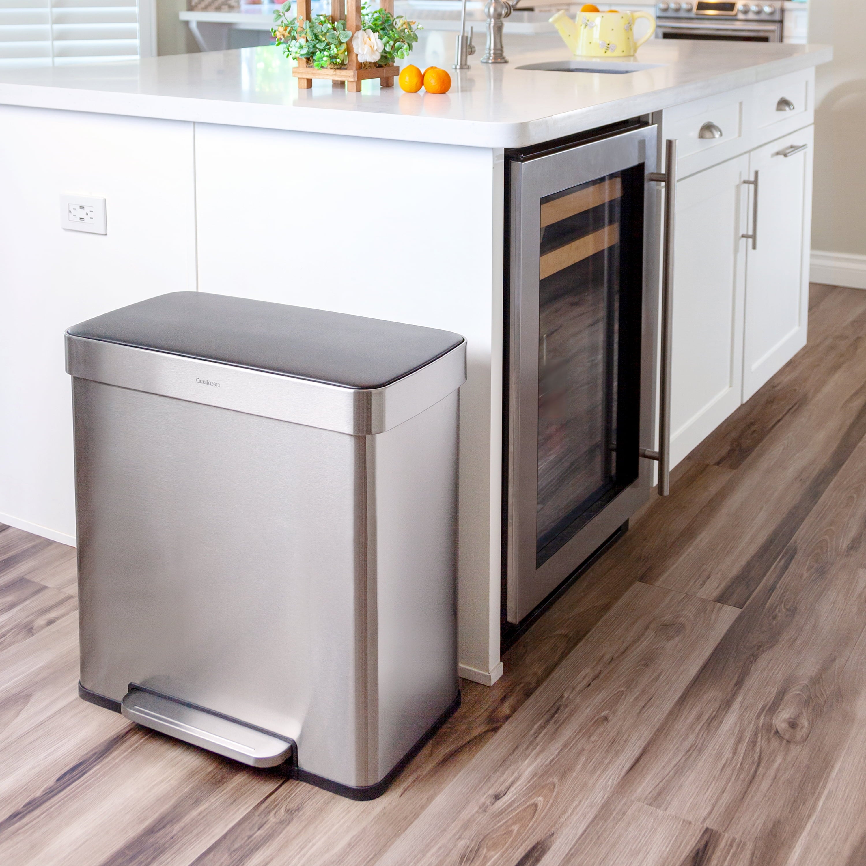 Kitchen Trash Can, 16 Gallon Stainless Steel Step Dual Compartment Reclcying Garbage Bin with Soft Close Lid, Silver